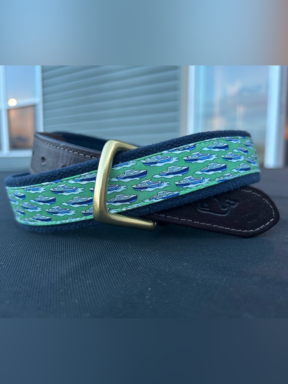 Vineyard Vines Green Whale Pattern Leather-Trim Belt Size 34
